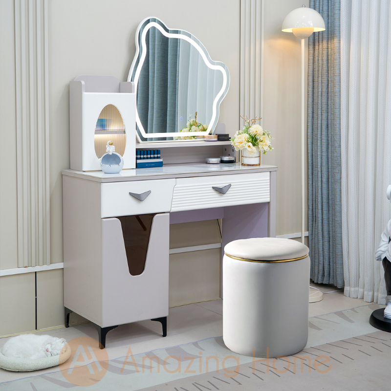 Zuri Violet Dressing Table With LED Light Mirror & Stool Set