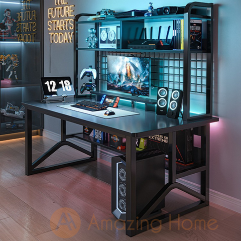 Everatt Black 120cm Gaming Desk Computer Table With Wire Mesh Grid Panel & Shelf
