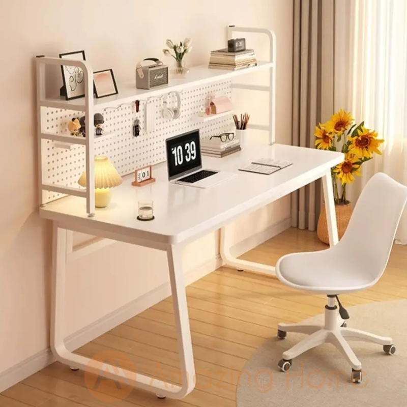 Everatt White 120cm Study Table Workstation With Hole Board Shelf