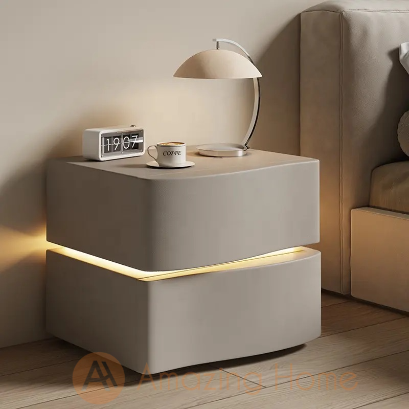 Berit Grey Solid Wood Smart Bedside Cabinet With Motion Sensor LED Light