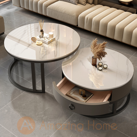 Walker Sintered Stone Nesting Coffee Table Set With 2 Drawer Storage Marble White