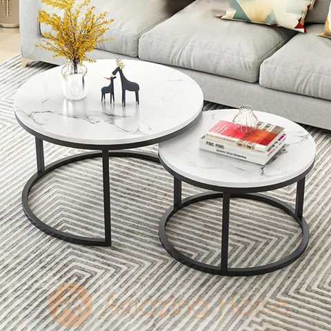 Walker 2 In 1 Black Metal Frame Nesting Coffee Table Set White & White (80 x 45 cm + 60 x 38 cm)