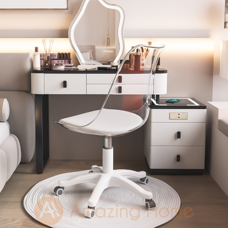 Siri Smart Dressing Table Set With 3 Colour LED Touch Screen Mirror + Wireless Charging + Bluetooth Speaker + Swivel Chair